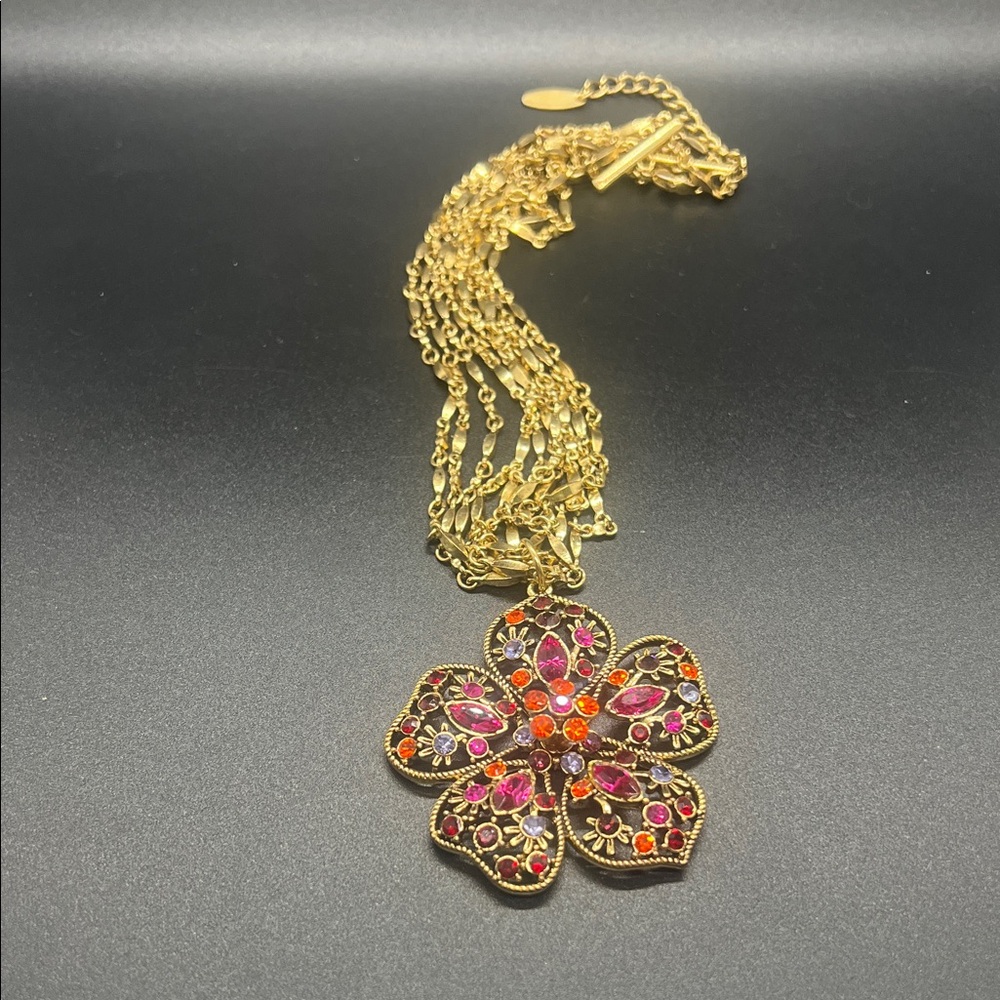 Gold and Pink Floral Pendant Necklace